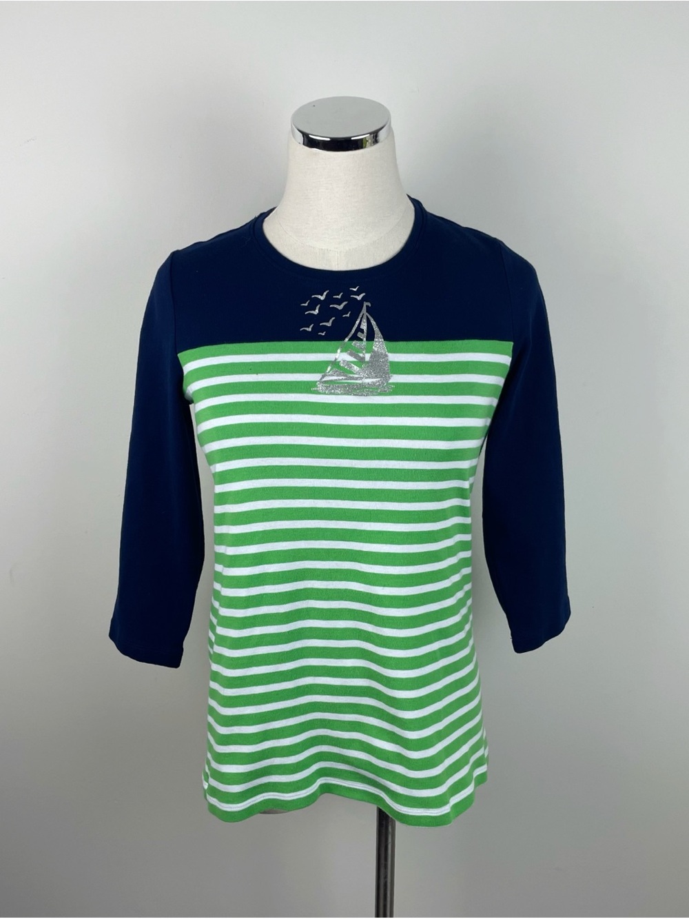 Kim Rogers Blue Green White Stripe Sailboat Nautical Tee Shirt Top Women Small